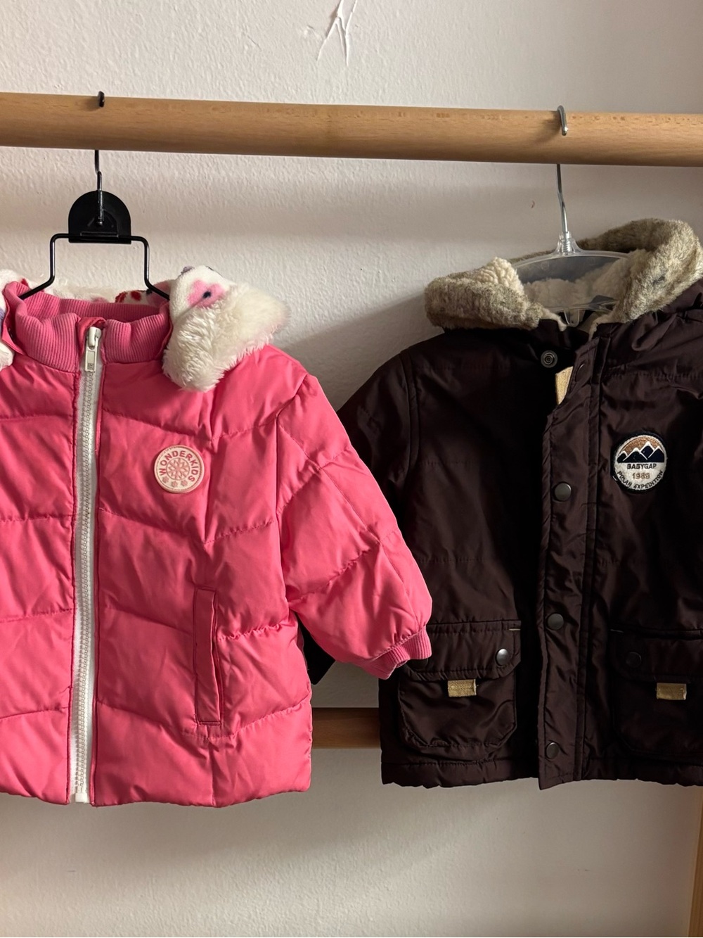 Set of Two Jackets, Wonderkids Bright Pink Puffy Jacket, BabyGap Brown Jacket